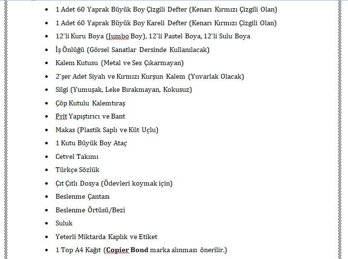 2. Sınıflar İhtiyaç Listesi 2019-2020